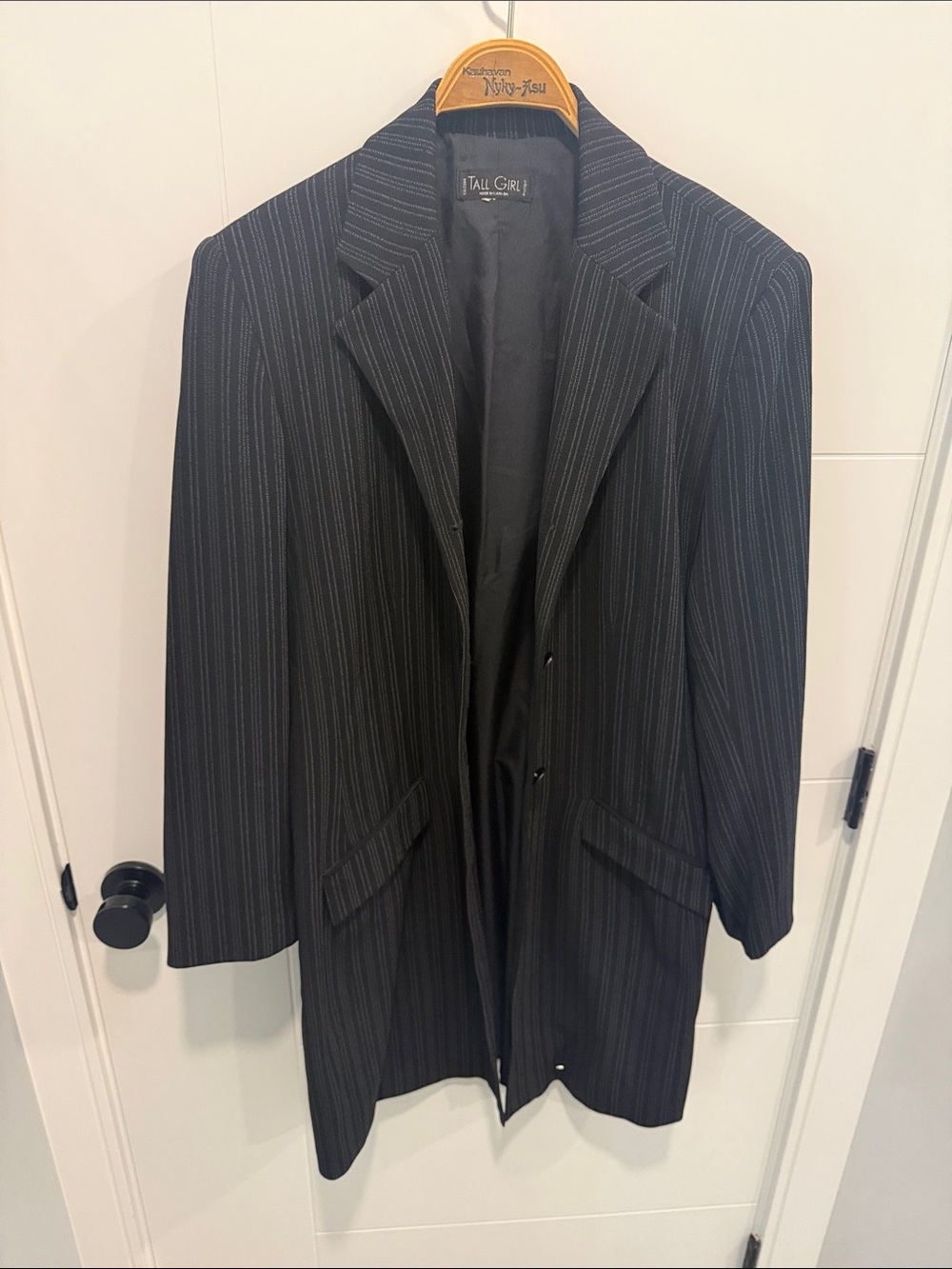 Black Pinstripe Long Blazer Coat - Picture 2 of 7